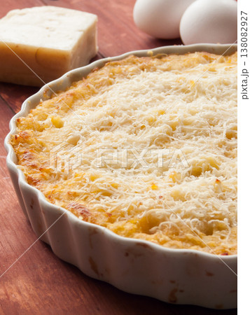 Homemade Shepherd's Pie crispy mashed potato and minced meat, covered with parmesan cheese. 138082927