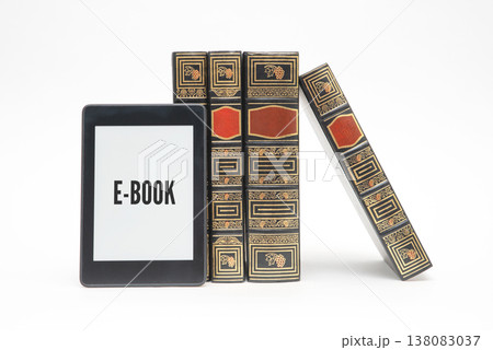 E-book reader device on desk in library E-book reader device on desk in library 138083037