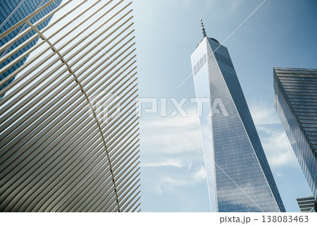 One World Trade Center rises beside the curved white structure of the Oculus in Lower Manhattan, New York City. The downtown skyline showcases modern architecture and urban development. 138083463