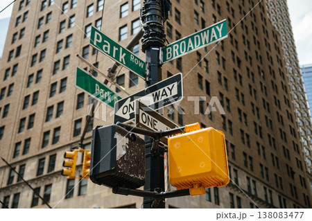Close up of Broadway and Park Row street signs at a Manhattan intersection in New York City. Skyscrapers and office buildings form the background of the downtown financial district. 138083477