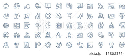 Training workshop web icons set in line stroke design. Outline pictogram pack of sharing experience, professional conference, coaching, collaboration, target, development, more. Vector illustration. 138083734