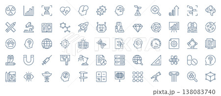 Science research web icons set in line stroke design. Outline pictogram pack of data analysis, dna, biology, biotechnology, medicine, atom structure, laboratory experiments, more. Vector illustration Science research web icons set in line stroke design. Outline pictogram pack of data analysis, dna, biology, biotechnology, medicine, atom structure, laboratory experiments, more. Vector illustration 138083740