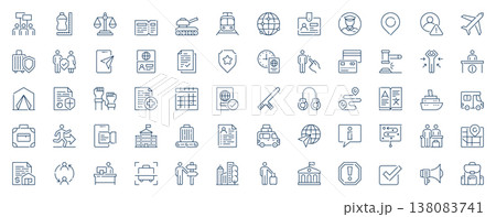 Refugees immigration web icons set in line stroke design. Outline pictogram pack of human rights, tickets, train, passport, police officer, control, location, migration, more. Vector illustration. Refugees immigration web icons set in line stroke design. Outline pictogram pack of human rights, tickets, train, passport, police officer, control, location, migration, more. Vector illustration. 138083741