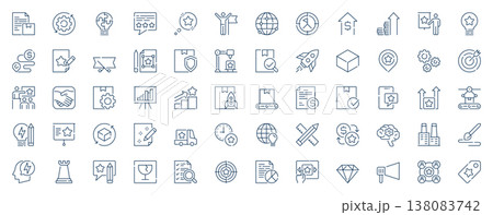 Product development web icons set in line stroke design. Outline pictogram pack of settings, optimization, solution, research process, testing, marketing, target, logistic, more. Vector illustration. 138083742