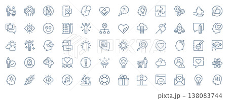 Positive thinking web icons set in line stroke design. Outline pictogram pack of love relationship, support, meditation, mental health, brainstorming, motivation, optimism, more. Vector illustration. Positive thinking web icons set in line stroke design. Outline pictogram pack of love relationship, support, meditation, mental health, brainstorming, motivation, optimism, more. Vector illustration. 138083744