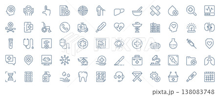 Medical and medicine web icons set in line stroke design. Outline pictogram pack of doctor treatment, patient, support, injury, medicare, ambulance, dentistry, surgery, more. Vector illustration. 138083748