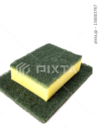 Yellow Foam Kitchen Sponge with Dark Green Abrasive Scrubbing Pad and Separate Scouring Pad Isolated on Clean White Background for Dishwashing 138083767