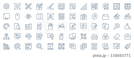 Graphic design web icons set in line stroke design. Outline pictogram pack of idea, modelling, paintbrush drawing, computer prototype, wireframe, layers, designer vision, more. Vector illustration. Graphic design web icons set in line stroke design. Outline pictogram pack of idea, modelling, paintbrush drawing, computer prototype, wireframe, layers, designer vision, more. Vector illustration. 138083771