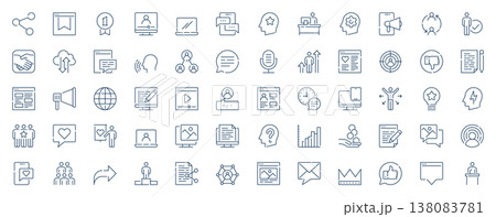 Blogger influencer web icons set in line stroke design. Outline pictogram pack of link, follower subscribes, posts, content creator, cloud processing, messages, statistics, more. Vector illustration. 138083781