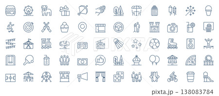 Amusement park web icons set in line stroke design. Outline pictogram pack of fast food, carousel and attractions, ferris wheel, gifts, circus, fireworks, family holiday, more. Vector illustration. Amusement park web icons set in line stroke design. Outline pictogram pack of fast food, carousel and attractions, ferris wheel, gifts, circus, fireworks, family holiday, more. Vector illustration. 138083784