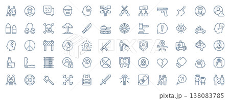 Abuse and violence web icons set in line stroke design. Outline pictogram pack of abuse, harassment, cyber bullying, conflicts, weapons, assault, discrimination, security, more. Vector illustration. Abuse and violence web icons set in line stroke design. Outline pictogram pack of abuse, harassment, cyber bullying, conflicts, weapons, assault, discrimination, security, more. Vector illustration. 138083785