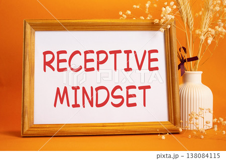 Receptive Mindset symbol. Concept words Receptive Mindset on beautiful wooden picture frame. Beautiful orange background with flower vase. Business and Receptive Mindset concept. Copy space. 138084115