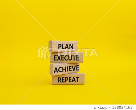 Plan Execute Achieve Repeat symbol. Wooden blocks with words Plan Execute Achieve Repeat. Beautiful yellow background. Business concept. Copy space Plan Execute Achieve Repeat symbol. Wooden blocks with words Plan Execute Achieve Repeat. Beautiful yellow background. Business concept. Copy space 138084169