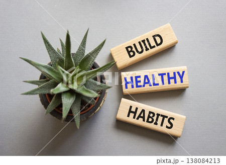 Healthy habits symbol. Concept word Build Healthy habits on wooden blocks with succulent. Beautiful grey background. Healthy lifestyle and Healthy habits concept. Copy space Healthy habits symbol. Concept word Build Healthy habits on wooden blocks with succulent. Beautiful grey background. Healthy lifestyle and Healthy habits concept. Copy space 138084213