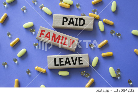 Paid Family Leave symbol. Concept words Paid Family Leave on wooden blocks. Beautiful purple background with pills. Healthcare and Paid Family Leave concept. Copy space. Paid Family Leave symbol. Concept words Paid Family Leave on wooden blocks. Beautiful purple background with pills. Healthcare and Paid Family Leave concept. Copy space. 138084232