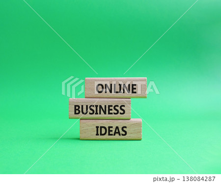 Online Business Ideas symbol. Wooden blocks with words Online Business Ideas. Beautiful green background. Business and Online Business Ideas concept. Copy space. 138084287