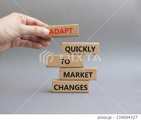 Market Changes symbol. Wooden blocks with words Manage and Adapt quickly to market changes. Businessman hand. Beautiful grey background. Businessman hand. Business and Market Changes concept. Copy Market Changes symbol. Wooden blocks with words Manage and Adapt quickly to market changes. Businessman hand. Beautiful grey background. Businessman hand. Business and Market Changes concept. Copy 138084327