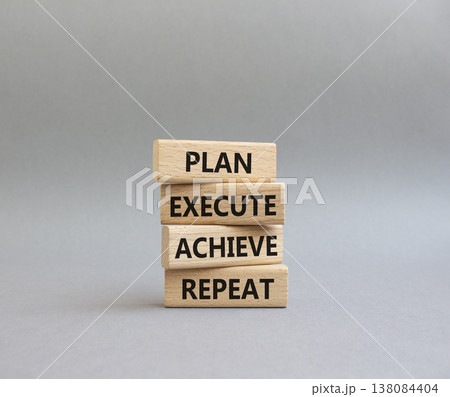 Plan Execute Achieve Repeat symbol. Wooden blocks with words Plan Execute Achieve Repeat. Beautiful grey background. Business concept. Copy space 138084404