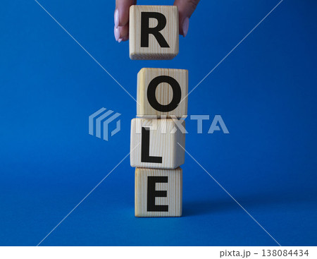 Role symbol. Concept word Role on wooden cubes. Businessman hand. Beautiful blue background. Business and Role concept. Copy space. Role symbol. Concept word Role on wooden cubes. Businessman hand. Beautiful blue background. Business and Role concept. Copy space. 138084434