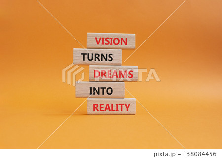 Vision symbol. Wooden blocks with words Vision Turns Dreams Into Reality. Beautiful orange background. Business and Vision concept. Copy space Vision symbol. Wooden blocks with words Vision Turns Dreams Into Reality. Beautiful orange background. Business and Vision concept. Copy space 138084456