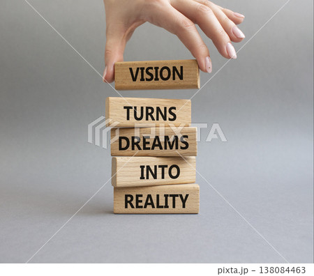 Vision symbol. Wooden blocks with words Vision Turns Dreams Into Reality. Businessman hand. Beautiful grey background. Business and Vision concept. Copy space Vision symbol. Wooden blocks with words Vision Turns Dreams Into Reality. Businessman hand. Beautiful grey background. Business and Vision concept. Copy space 138084463