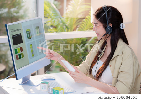 Young asian creative woman development packaging cosmetic and skincare product design with AI. Young asian creative woman development packaging cosmetic and skincare product design with AI. 138084553