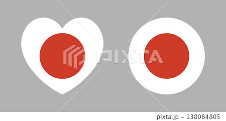 Flag of Japan icon, sticker. Japanese flag heart, round button, banner, background. Heart shaped, circle flag badges set. Flag of Japan icon, sticker. Japanese flag heart, round button, banner, background. Heart shaped, circle flag badges set. 138084805