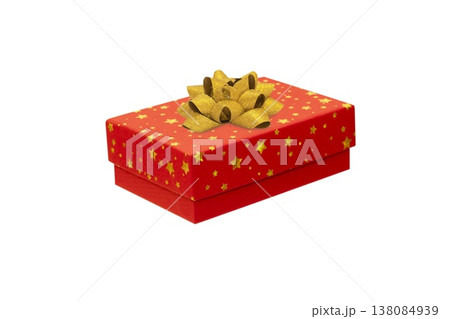 Gift box with bow on red background, top view 138084939