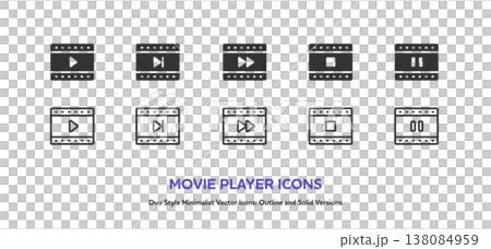 A set of simple film-style video playback button icons. Includes line art and colored vector illustrations. 138084959