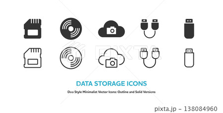 SDカードやUSBメモリなど、データ保存と記憶媒体のアイコンセット。線画と塗りのベクターイラスト 138084960