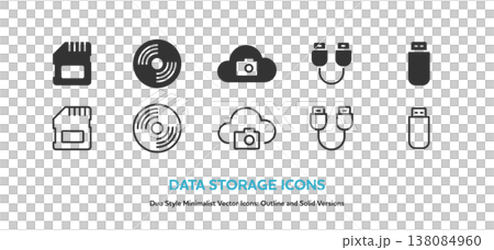 SDカードやUSBメモリなど、データ保存と記憶媒体のアイコンセット。線画と塗りのベクターイラスト 138084960