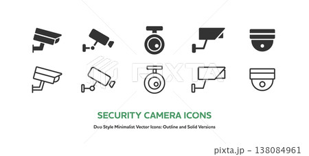 様々な種類の防犯カメラと監視カメラのアイコンセット。線画と塗りのベクターイラスト 138084961