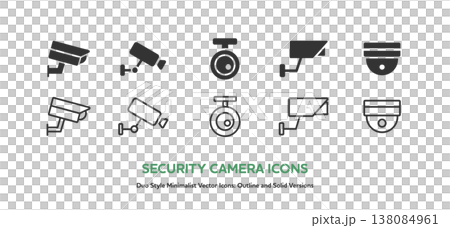 様々な種類の防犯カメラと監視カメラのアイコンセット。線画と塗りのベクターイラスト 138084961