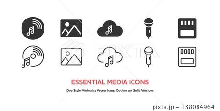 音楽、写真、クラウドなどマルチメディアのアイコンセット。線画と塗りのベクターイラスト 138084964