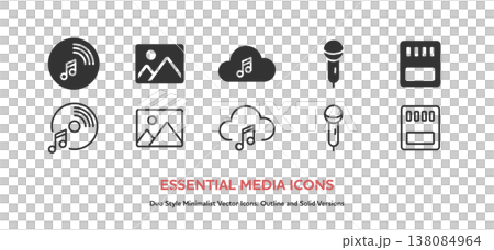 音楽、写真、クラウドなどマルチメディアのアイコンセット。線画と塗りのベクターイラスト 138084964