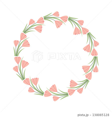 Pink tulip wreath in soft pastel style. Circular floral frame perfect for wedding invitations, greeting cards, spring designs, and decorative compositions. Pink tulip wreath in soft pastel style. Circular floral frame perfect for wedding invitations, greeting cards, spring designs, and decorative compositions. 138085128