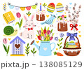 Easter holiday stickers. Festive elements, Bible, eggs, bunny, bird, snail, Easter baking, basket, willow twigs, carrot, ribbons, watering can, tulips, plants. Christian celebration of resurrection. Easter holiday stickers. Festive elements, Bible, eggs, bunny, bird, snail, Easter baking, basket, willow twigs, carrot, ribbons, watering can, tulips, plants. Christian celebration of resurrection. 138085129