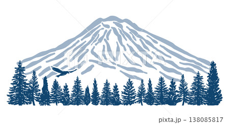 羊蹄山/北海道 山のシルエット、鳥、森林。 羊蹄山/北海道 山のシルエット、鳥、森林。 138085817