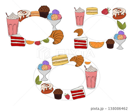 dessert Frame template Oval Cafe set hand drawn illustration. Vector graphic line ink art. For poster, invitation, backdrop, ad, sale promotion, print for t-shirt dessert Frame template Oval Cafe set hand drawn illustration. Vector graphic line ink art. For poster, invitation, backdrop, ad, sale promotion, print for t-shirt 138086462