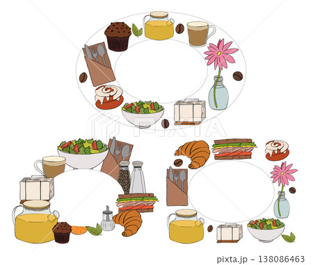 cafe food drinks Frame template Oval set rectangle Cafe hand drawn illustration. Vector graphic line ink art. For poster, invitation, backdrop, ad, sale promotion, print for t-shirt 138086463