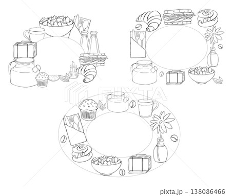 cafe food drinks Black and white Frame template Oval set rectangle Cafe hand drawn illustration. Vector graphic line ink art. For poster, invitation, backdrop, ad, sale promotion, print for t-shirt cafe food drinks Black and white Frame template Oval set rectangle Cafe hand drawn illustration. Vector graphic line ink art. For poster, invitation, backdrop, ad, sale promotion, print for t-shirt 138086466