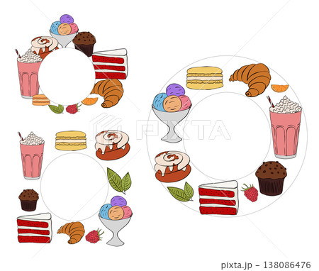 Cafe Frame template set circle hand drawn illustration. Vector graphic line ink art. Perfect for cafe logo, branding, packaging, labels, and modern decor design. 138086476