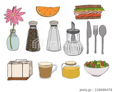 Set of restaurant and dining icons. Includes place setting, cloche dish, napkin, salt shaker, pepper mill, coffee cup, menu, and chef hat. Cafe set hand drawn illustration. Vector graphic line ink 138086478