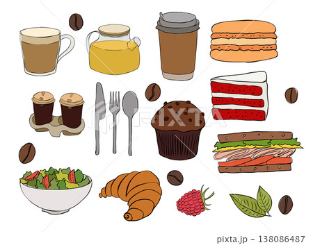 Breakfast colored doodle set of chalk style food and coffee icons for cafe menu, invitations, Italian brunch, cute croissant, cup, Cafe set hand drawn illustration. Vector graphic line ink art. Breakfast colored doodle set of chalk style food and coffee icons for cafe menu, invitations, Italian brunch, cute croissant, cup, Cafe set hand drawn illustration. Vector graphic line ink art. 138086487