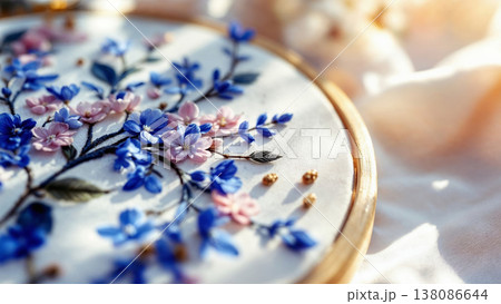 Hand embroidered flowers on fabric in an embroidery hoop, illuminated by soft sunlight Hand embroidered flowers on fabric in an embroidery hoop, illuminated by soft sunlight 138086644