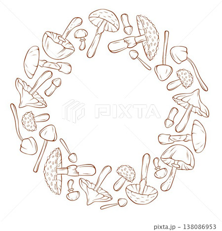 Wreath with inedible mushroom in line art style. Design for kitchen, packaging, organic branding and seasonal theme. 138086953