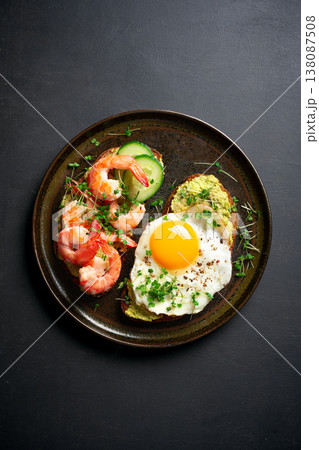 Avocado Shrimp and Fried Egg Sandwiches  for low carb breakfast 138087508