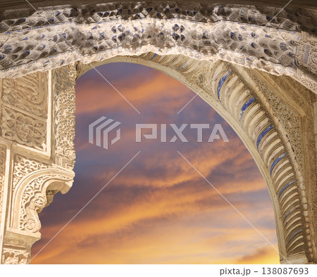 Arches in Islamic (Moorish) style (against the sunset) in Alhambra, Granada, Spain Arches in Islamic (Moorish) style (against the sunset) in Alhambra, Granada, Spain 138087693