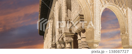 Arches in Islamic (Moorish) style (against the sunset) in Alhambra, Granada, Spain Arches in Islamic (Moorish) style (against the sunset) in Alhambra, Granada, Spain 138087727