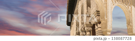 Arches in Islamic (Moorish) style (against the sunset) in Alhambra, Granada, Spain 138087728
